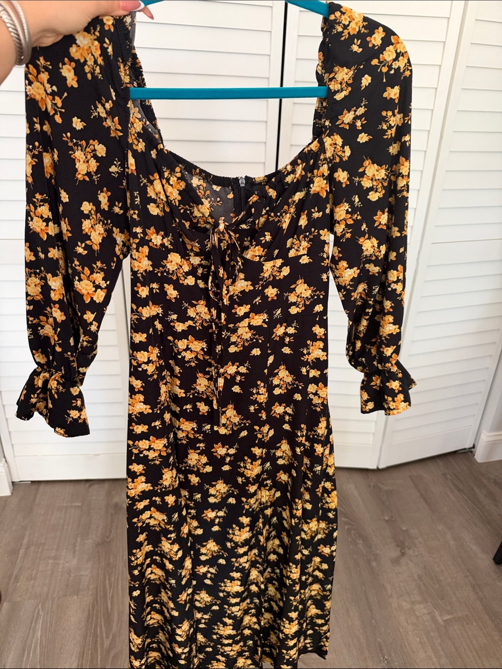 SHEIN Black Midi Dress with Yellow Floral Print